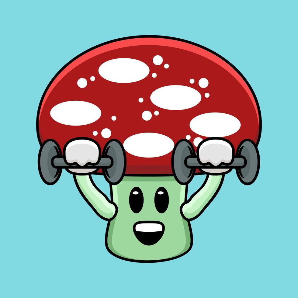 mascote de cogumelo fofo exercitando a imprensa de ombro usando halteres de ilustração vetorial vetor