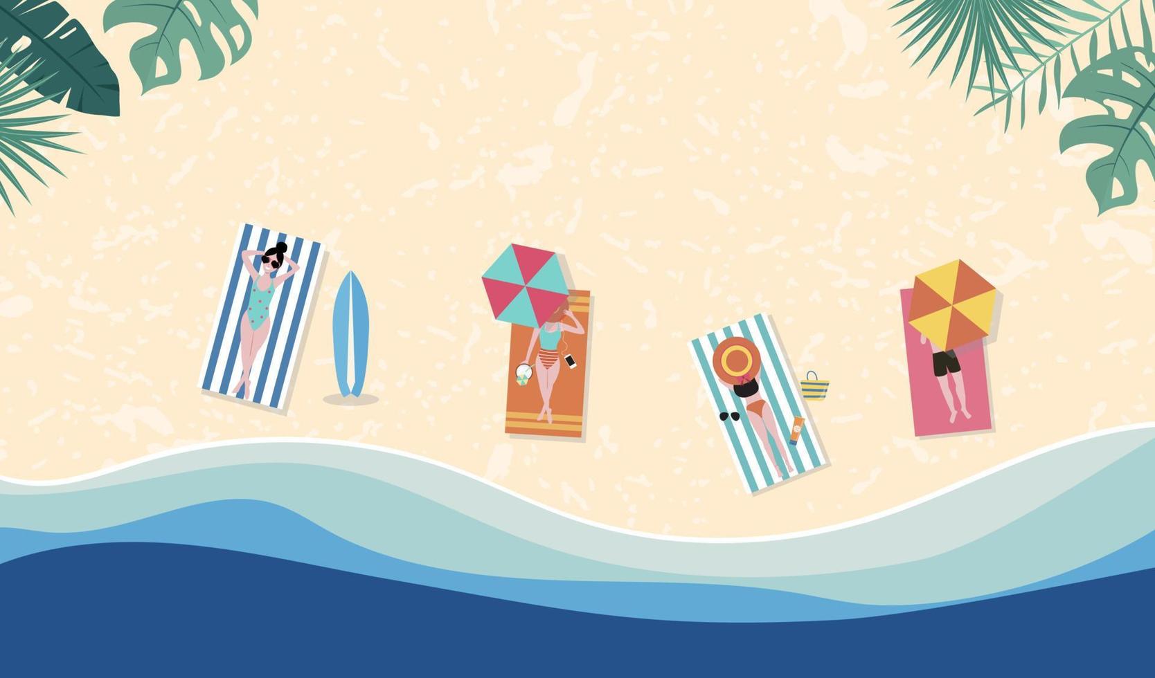 fundo de venda de verão com pessoas minúsculas, guarda-chuvas, bola, anel de natação, óculos de sol, prancha de surf, chapéu, sandálias na praia vista superior. vetor