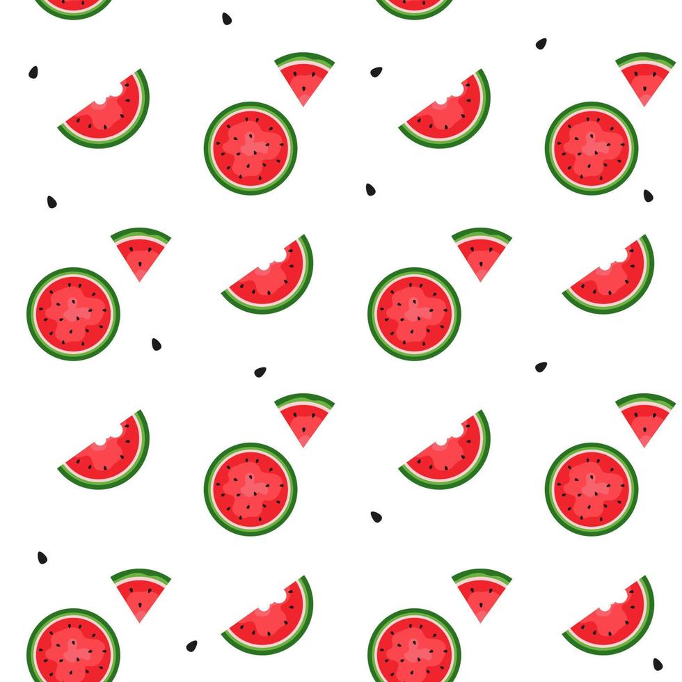 fundo de melancia e padrão perfeito, design plano de folhas verdes e ilustração de suco de flor e melancia, conceito de frutas frescas e suculentas de comida de verão. vetor