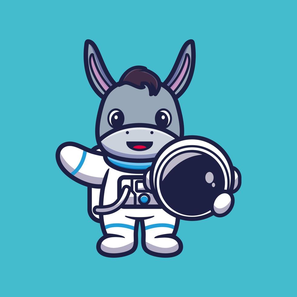 burro astronauta fofo segurando ilustração vetorial de desenho de capacete vetor