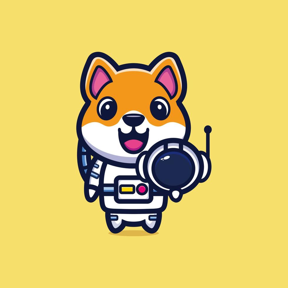 lindo astronauta shiba inu cachorro segurando ilustração vetorial de desenho animado de capacete vetor