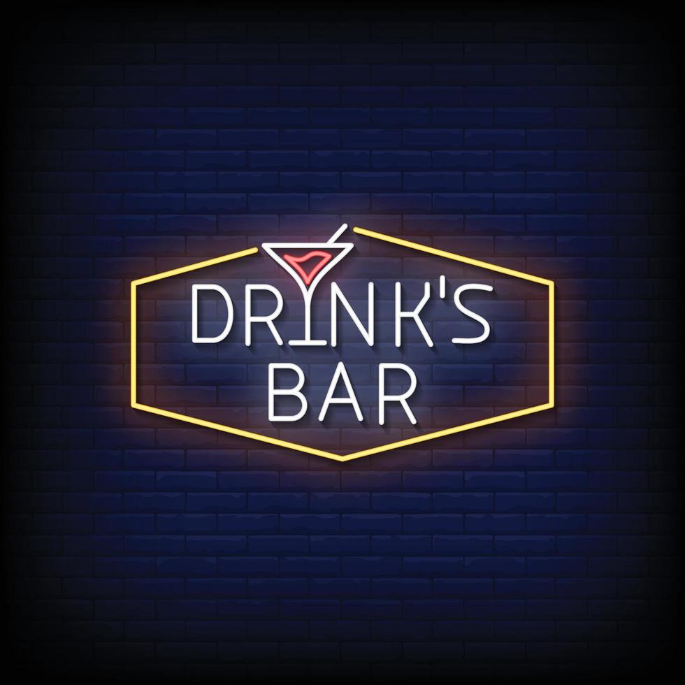 bebida bar sinal de néon no vetor de fundo de parede de tijolo