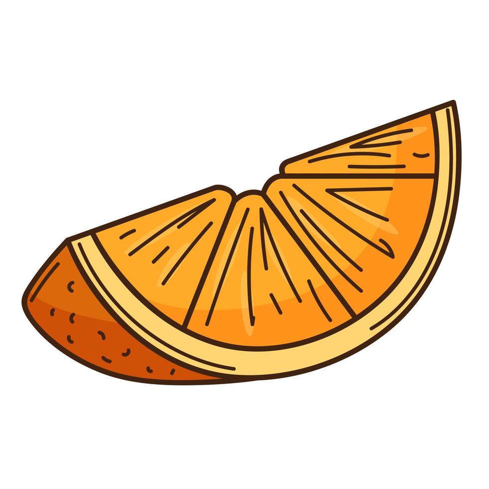 uma fatia de laranja. elemento de design de comida com contorno. rabisco, desenhado à mão. projeto plano. ilustração vetorial de cor. Isolado em um fundo branco. vetor