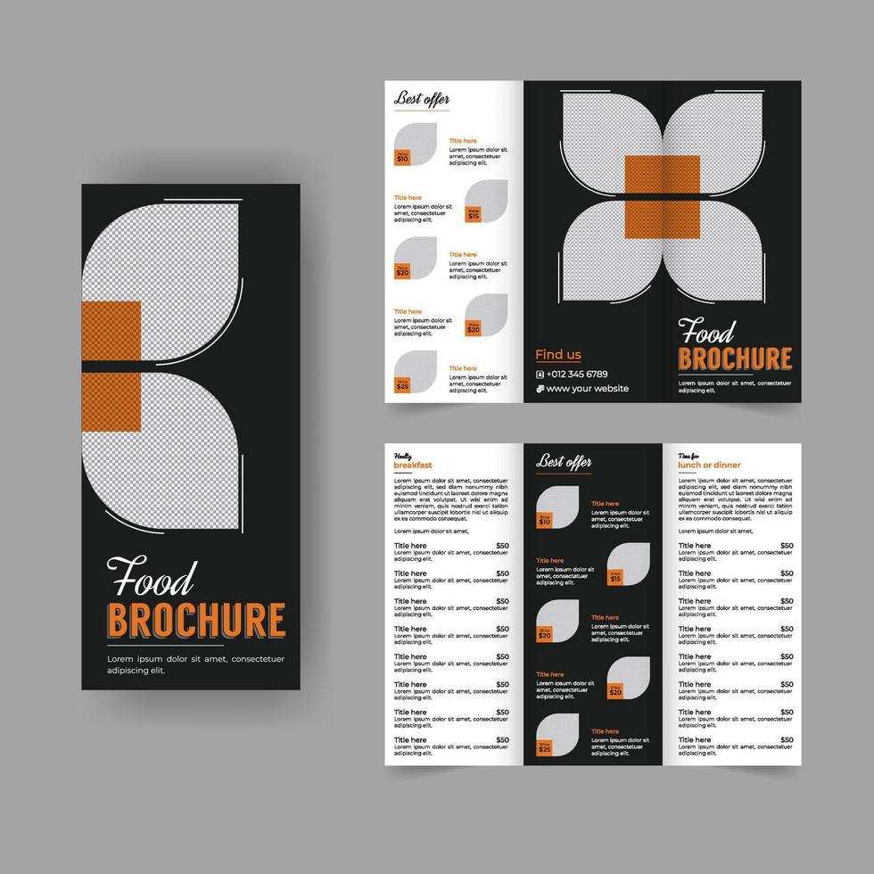 design de cartão de menu de restaurante de revista de folheto com três dobras de comida, receita culinária para fast food, hambúrguer ou coquetel, folheto de negócios ou modelo de folheto corporativo vetor