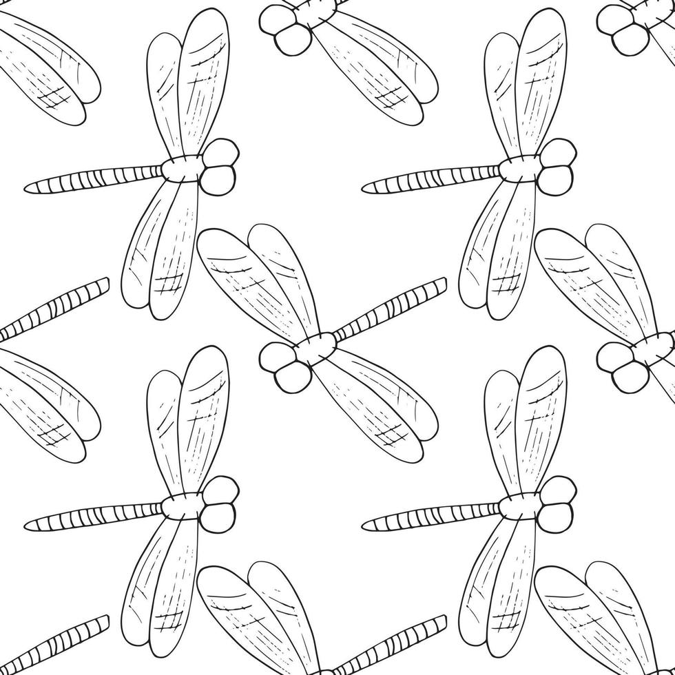 padrão sem emenda de libélula. estilo doodle desenhado à mão. , minimalismo, monocromático, esboço. inseto, moscas papel de parede papel digital embrulho textura têxtil vetor