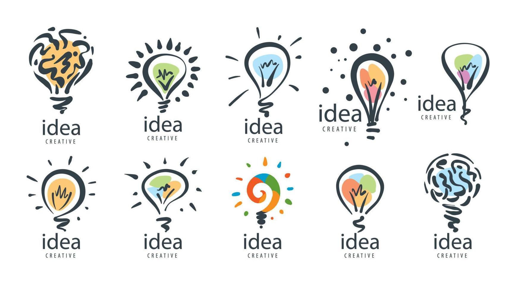 um conjunto de logotipos vetoriais desenhados em forma de lâmpadas vetor