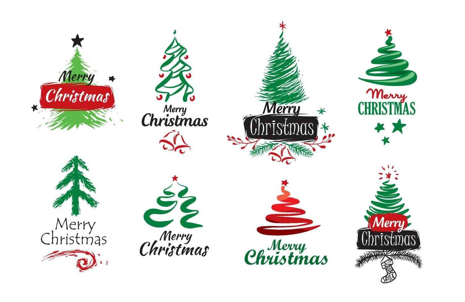 um conjunto de logotipos vetoriais de árvores de natal pintadas em um fundo branco vetor