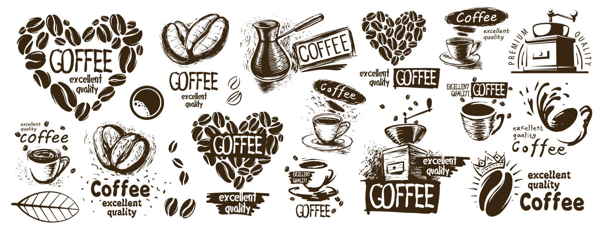 grande conjunto vetorial de logotipos desenhados e elementos de café vetor