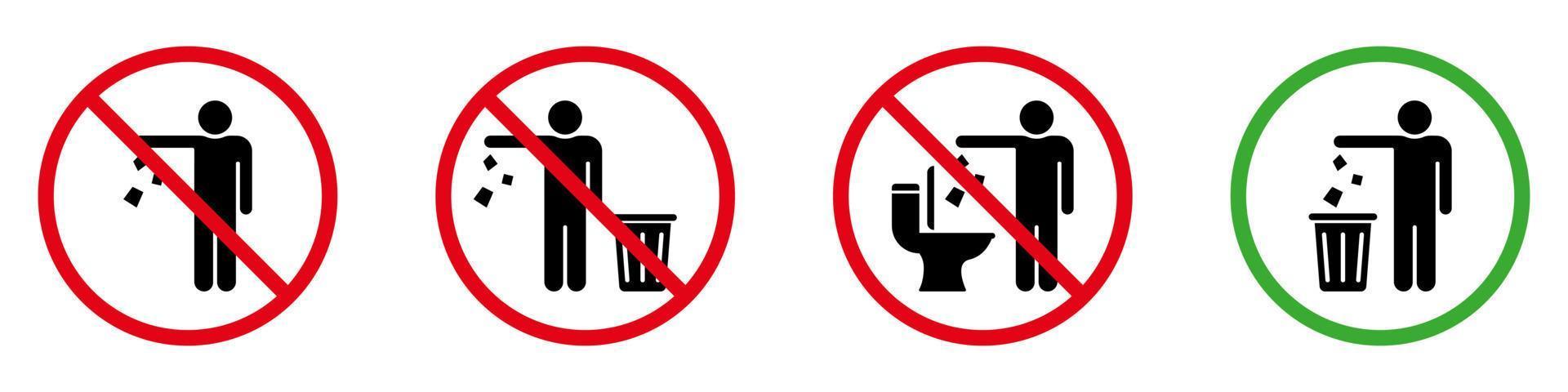 mantenha o sinal de silhueta limpa. permitido jogar lixo, resíduos, lixo no símbolo da lixeira. não jogue lixo no ícone do glifo do banheiro. aviso, por favor, solte o lixo no adesivo da lixeira. ilustração vetorial isolado. vetor