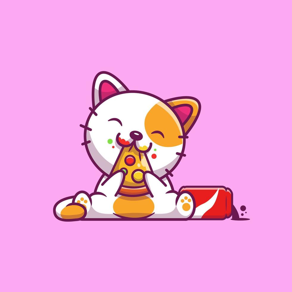 gato bonito comendo pizza e ilustração de ícone de desenho animado de cola em vetor. conceito de ícone de comida animal isolado vetor premium. estilo de desenho animado plano
