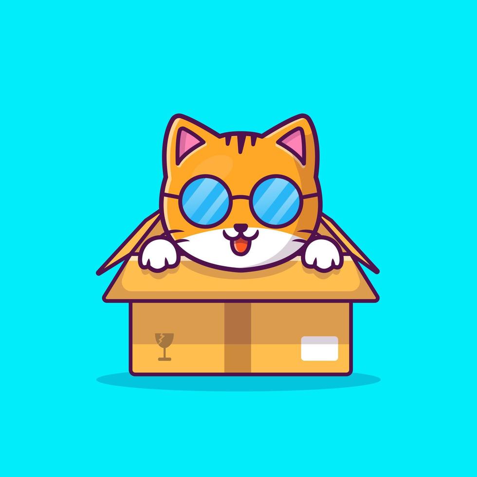 gato bonito jogando na ilustração de ícone de vetor de desenho de caixa. natureza animal ícone conceito isolado vetor premium. estilo de desenho animado plano
