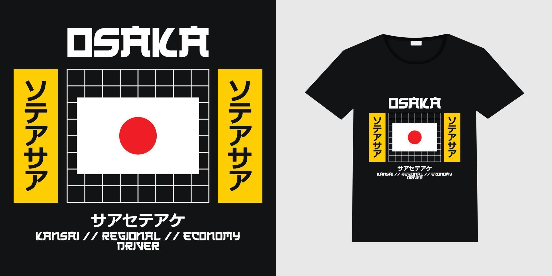 design de vetor criativo sobre o centro da área de osaka kansai em um fundo preto. design de t-shirt de desgaste urbano japonês com ilustração de maquete de t-shirt preta.