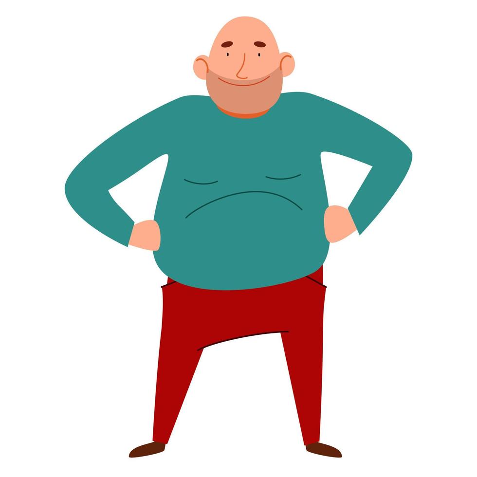 um homem gordo e careca com as mãos na cintura. ilustração vetorial em um estilo cartoon plana. vetor