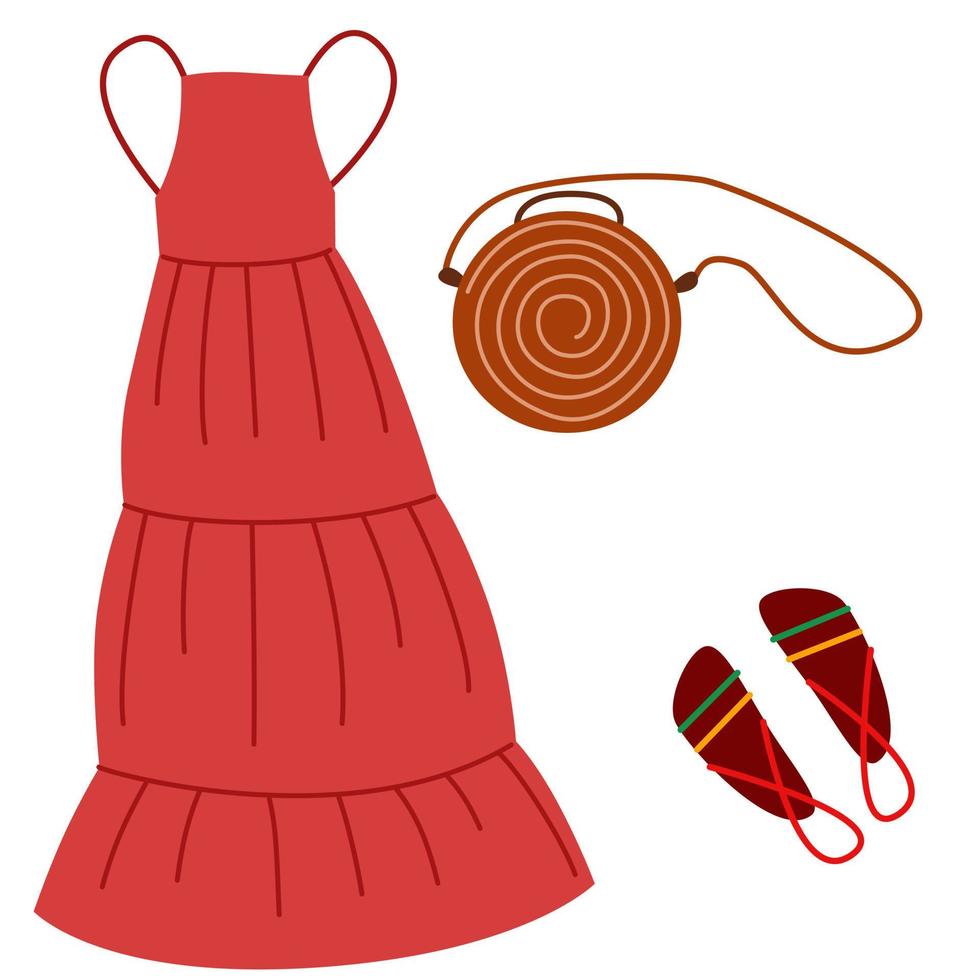 um conjunto de roupas boho e vários elementos boho. roupas da moda, bolsa, vestido, sapatos. ilustração vetorial em um estilo simples vetor