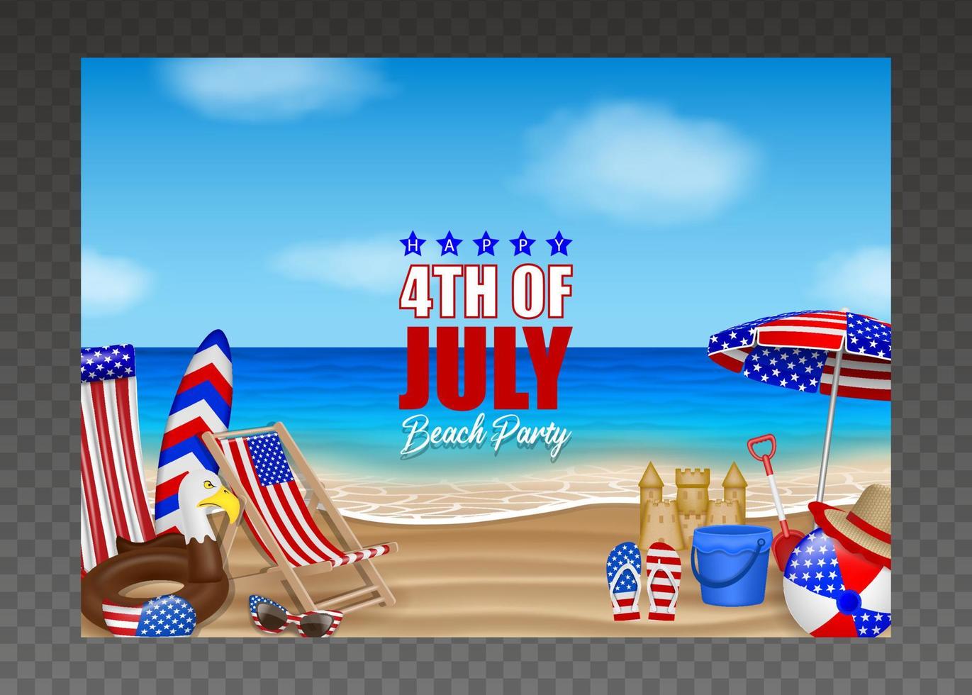 4 de julho cartaz com elementos de verão no fundo da praia. festa na praia independência americana vetor