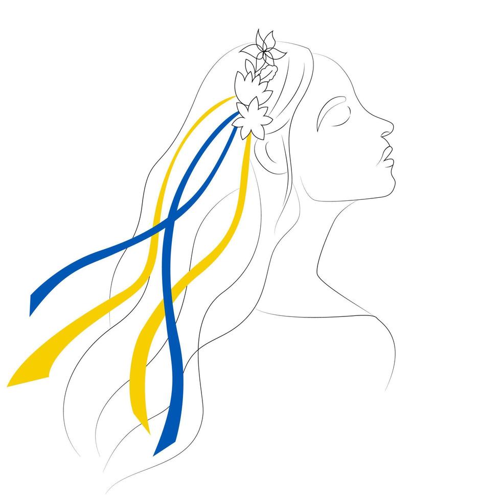arte de linha de mulher da ucrânia. mulher ucraniana com uma argola de flores na cabeça e fitas azuis e amarelas no cabelo. ilustração vetorial em estilo linear. vetor