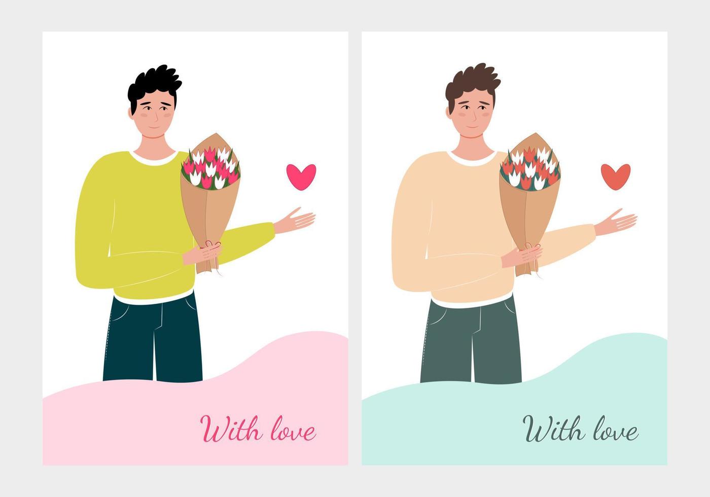 homem com cartão postal de flores de buquê. homem fica com um buquê de flores. conjunto de dois cartões postais com amor. ilustração vetorial em estilo simples. vetor
