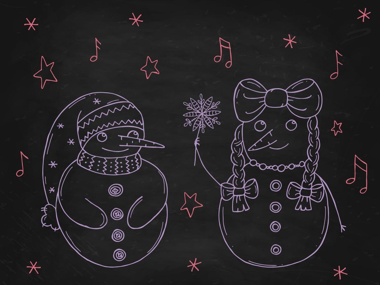 conjunto de bonecos de neve bonitos em um quadro de giz preto. ilustração vetorial em estilo doodle. clima de inverno. olá 2023. feliz natal e feliz ano novo. vetor