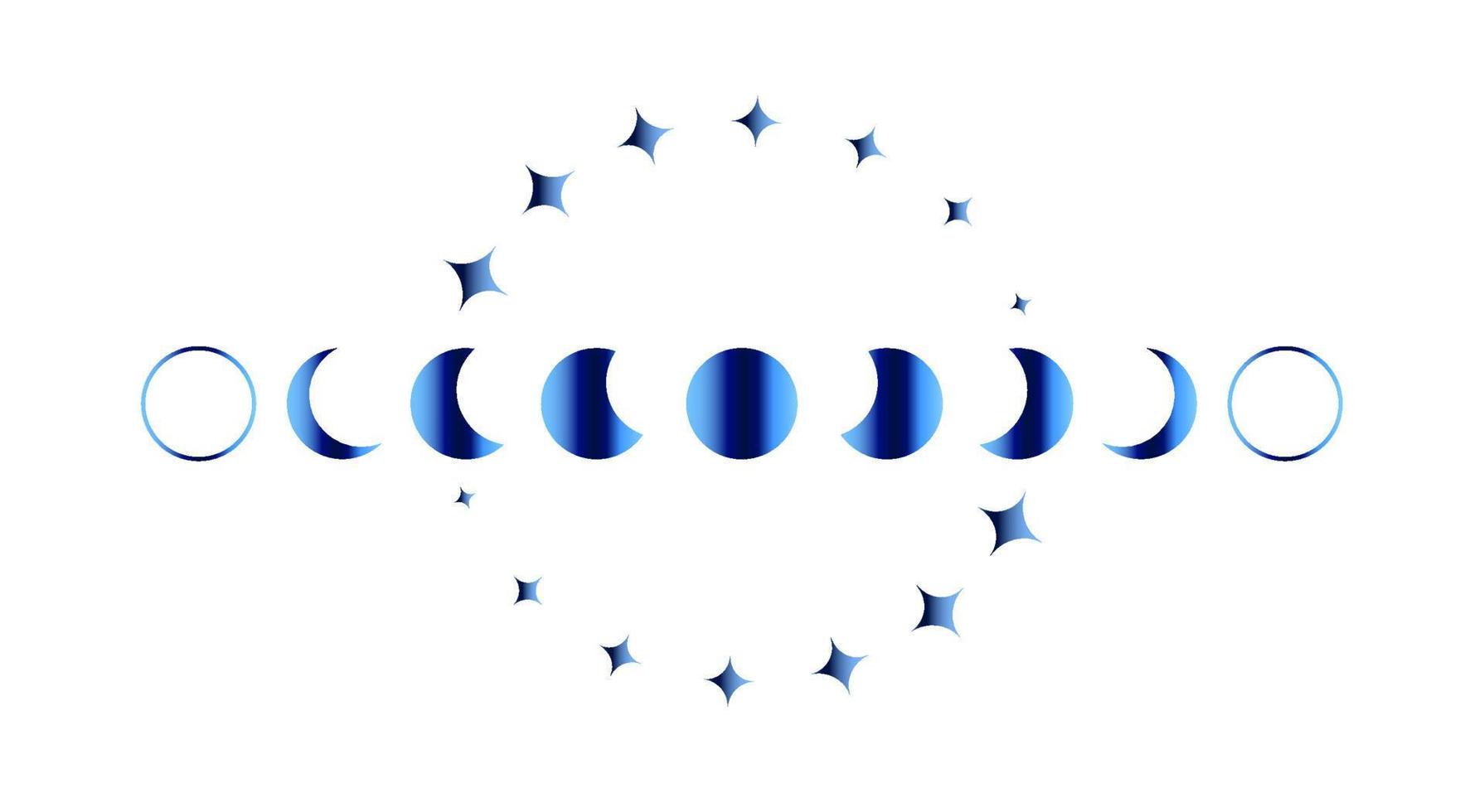 armação de borda azul de fases da lua, sinal de bandeira wicca. símbolo da deusa wiccan pagã da lua tripla, geometria sagrada, roda do ano e estrelas douradas, vetor isolado no fundo branco