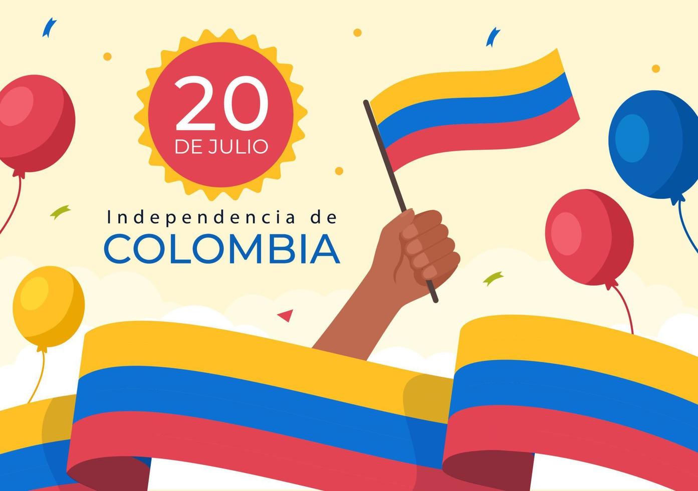 20 de julio independencia de colombia cartoon ilustração com bandeiras e balões para design de estilo de pôster vetor