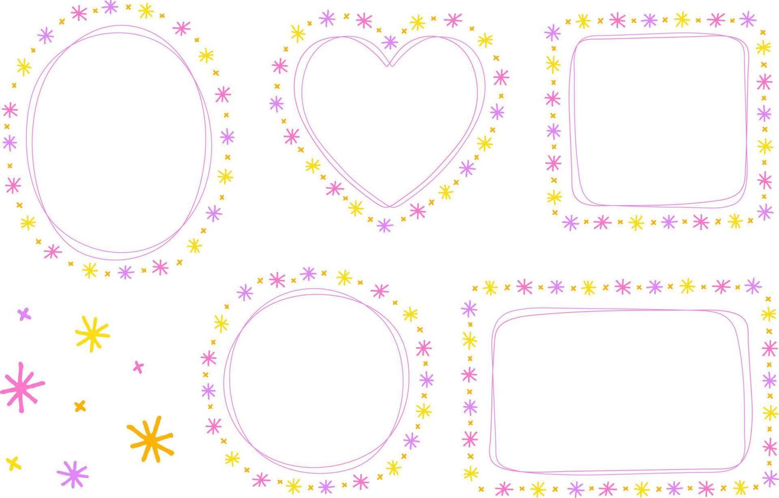 abstrato rosa brilhante estrela amarela margarida flor doodle desenho à mão círculo coração quadrado retângulo oval forma de nota adesiva bordas de linha molduras placa conjunto coleção fundo ilustração vetorial vetor