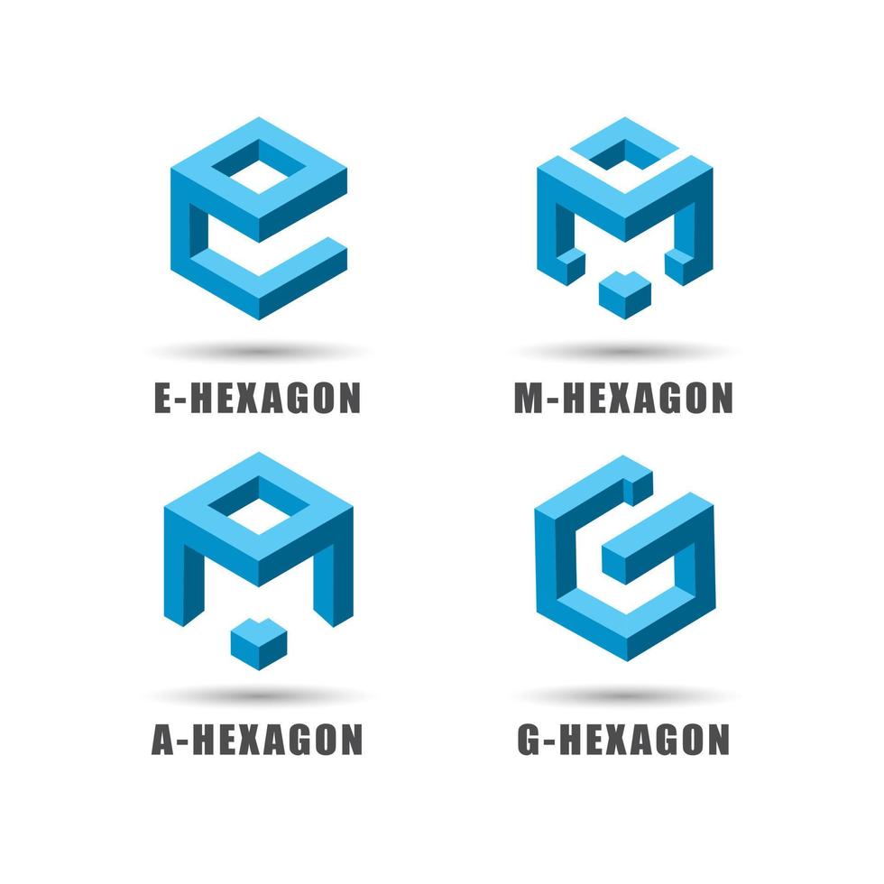 conjunto de logotipos de letra e, m, a e g, design de cubo de forma hexagonal, ilustração vetorial 3d vetor