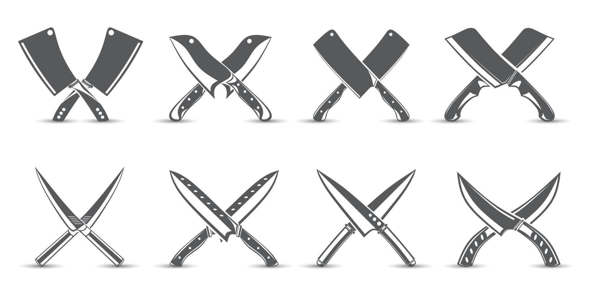 conjunto de desenhos de silhueta de faca com várias formas. coleção de elementos de logotipo de faca de açougueiro ou ícones com forma x, ilustração vetorial vetor