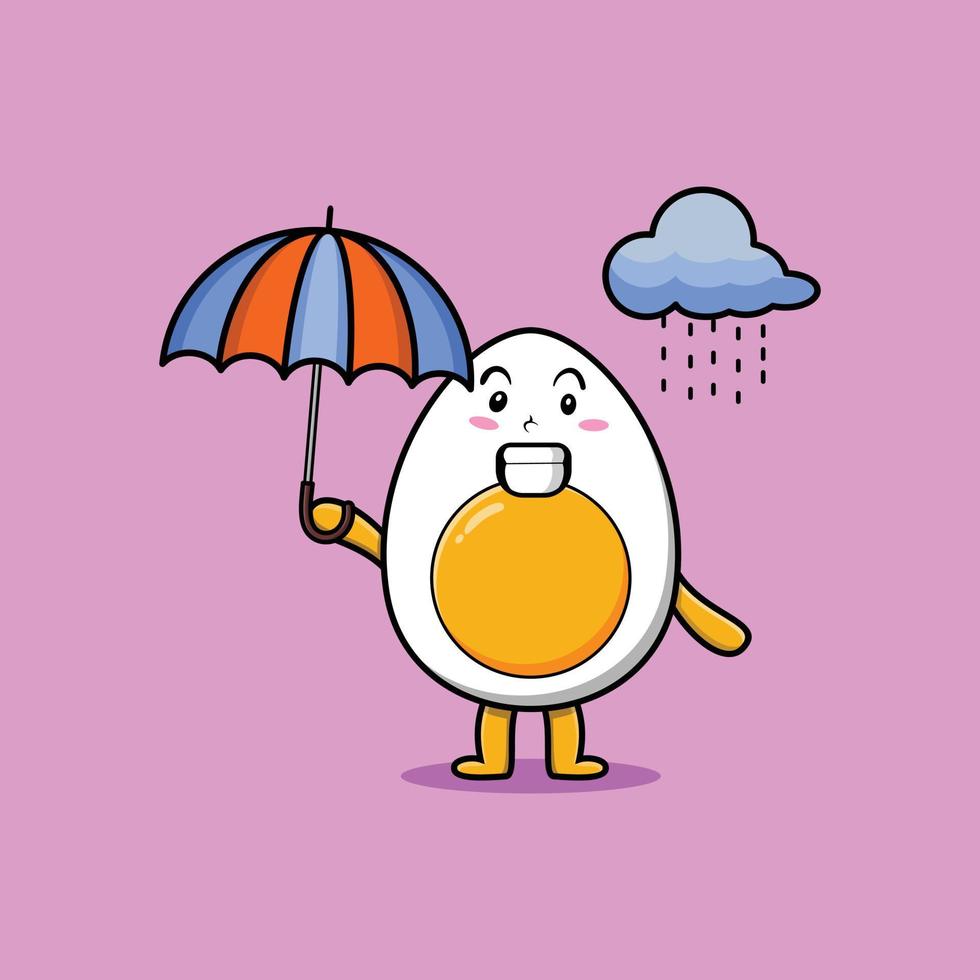 ovo cozido bonito dos desenhos animados na chuva e usando guarda-chuva vetor