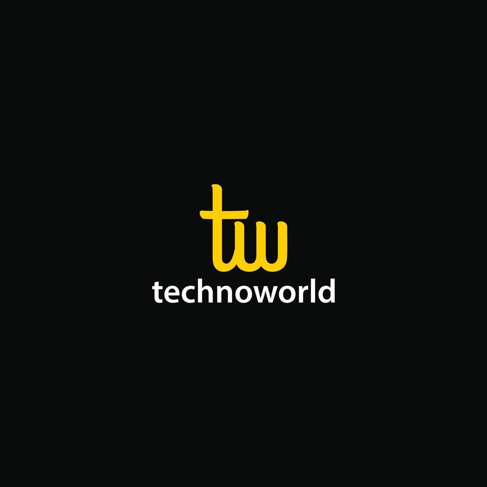 letra inicial abstrata t e w logotipo na cor amarela e isolado em fundo preto aplicado para design de logotipo de empresa de tecnologia também adequado para as marcas ou empresas que têm nome inicial tw ou wt vetor