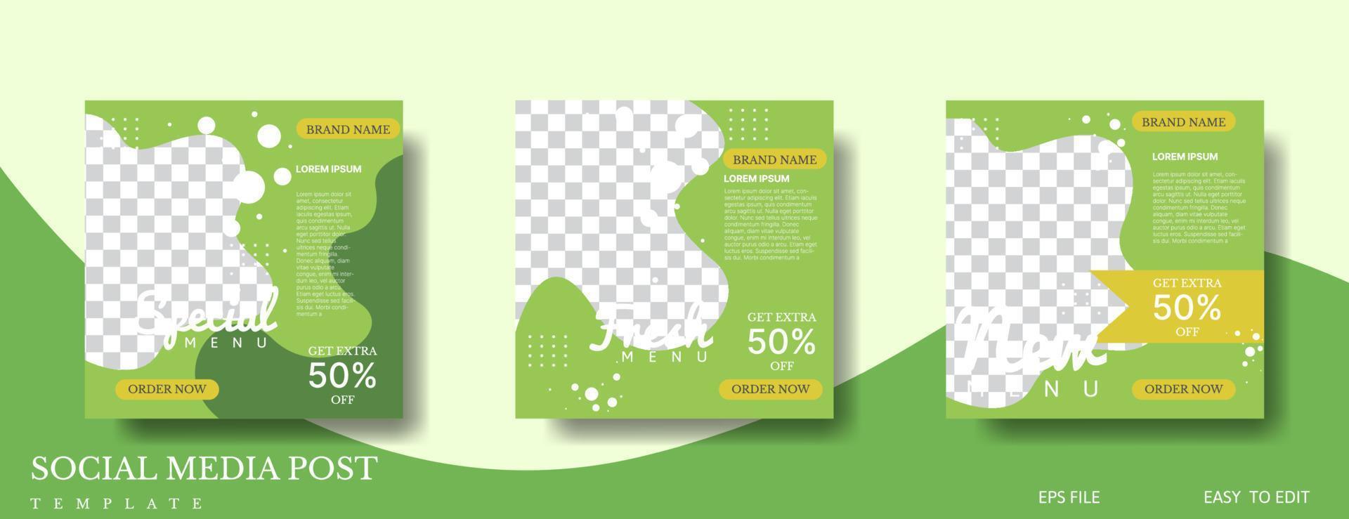 design de modelo de postagem de mídia social de comida para promoção na cor verde e amarela vetor