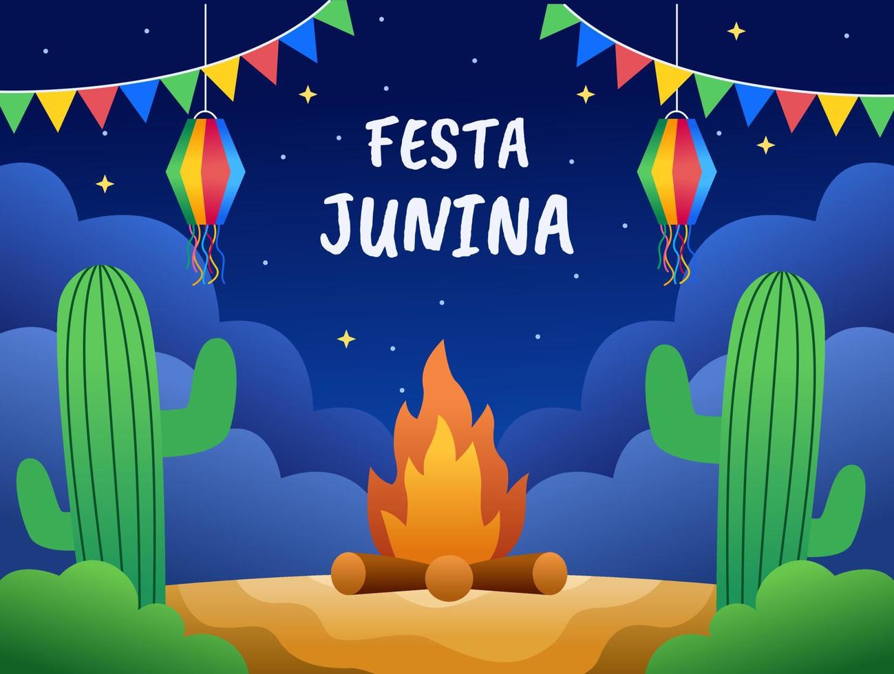 cena de ilustração vetorial de celebração festa junina com cactos, decoração pendurada e à noite. cartão festa junina carnaval. pode ser usado para cartão postal, banner, pôster, impressão, web, etc vetor