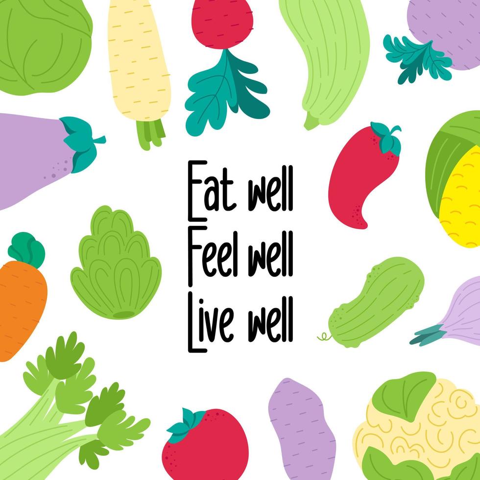 motivação do slogan vegano. coma bem. sentir bem. viva Bem. estilo de vida saudável. conjunto de legumes vetor
