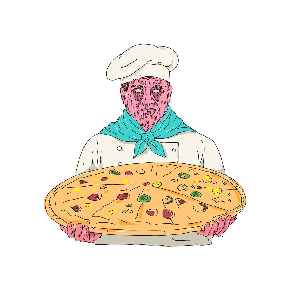 chef zumbi segurando arte de sujeira de torta de pizza vetor