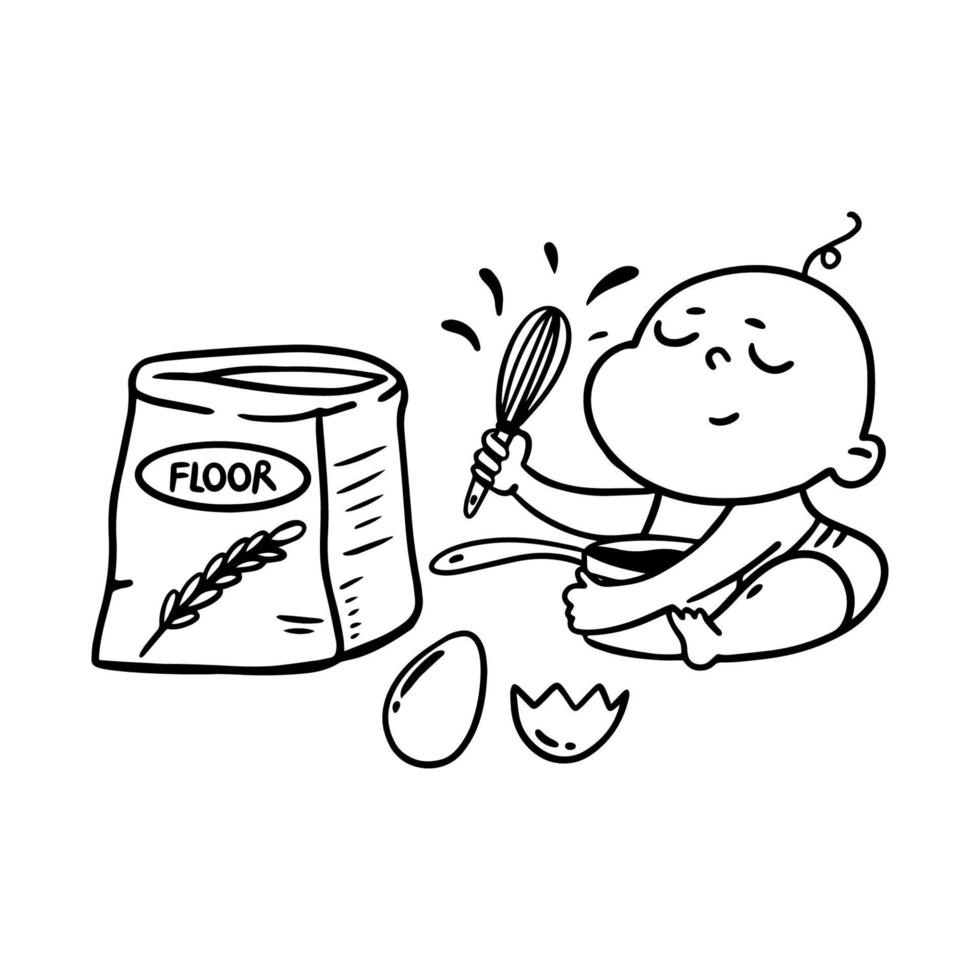 ilustração gráfica de bebê com utensílios de chão e cozinha em estilo doodle. esboço cozinhar ilustração gráfica para design de decoração. vetor