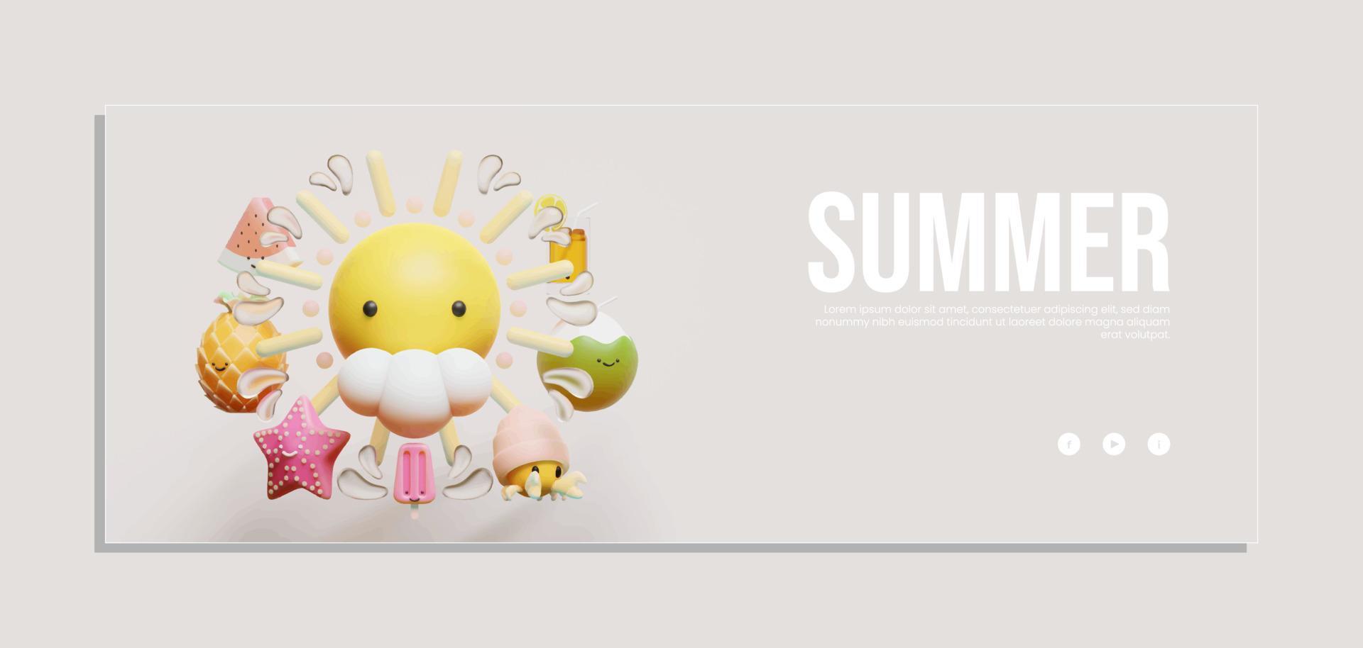 modelo de banner de verão com composição de ilustração 3d de sol vetor