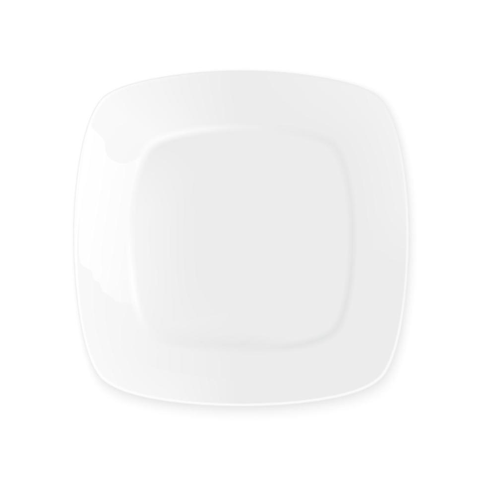 vetor 3d prato de porcelana quadrangular branco realista close-up em um fundo branco isolado. modelo de design para layout. ilustração vetorial de estoque. vista frontal, superior, lateral