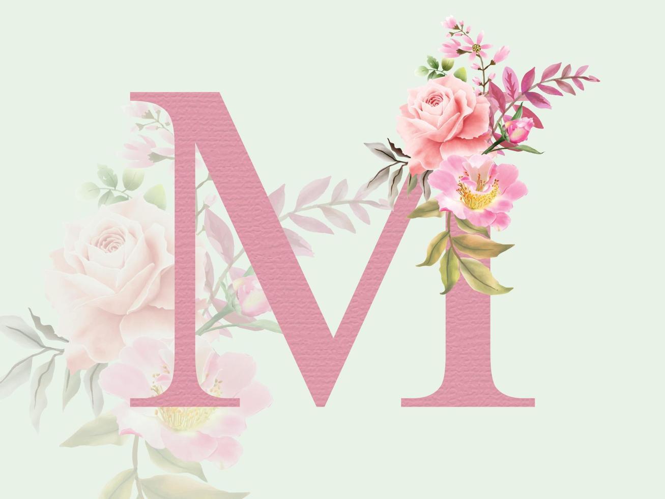 lindo alfabeto m com buquê floral vetor