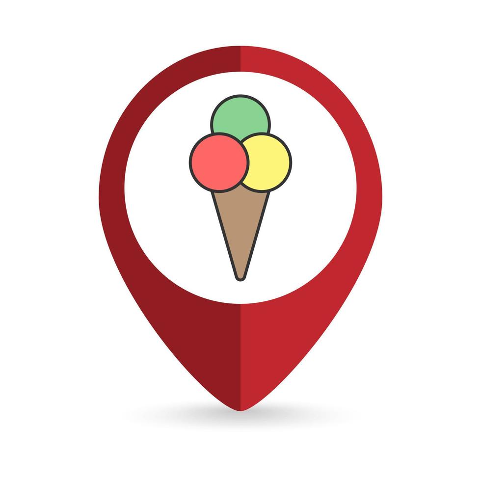 ponteiro de mapa com ícone de sorvete. ilustração vetorial. vetor