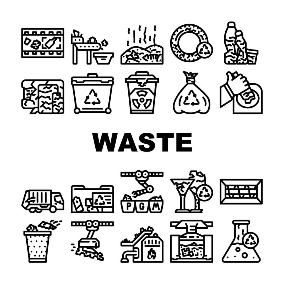 conjunto de ícones de equipamentos de transporte de triagem de resíduos vetor