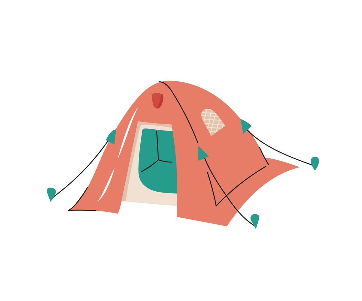 tenda turística desenhada à mão dos desenhos animados. equipamentos para camping, caminhadas, trekking. item turístico isolado no fundo branco. ilustração vetorial plana. vetor