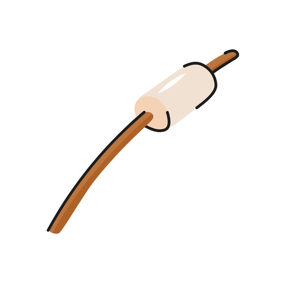 marshmallow desenhado à mão dos desenhos animados na vara de madeira para assar. iguaria popular do piquenique. ilustração vetorial plana. vetor