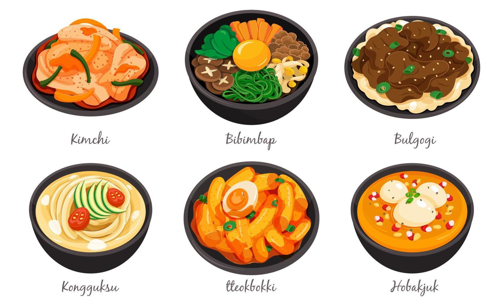 comida coreana definir menu isolado no vetor de ilustração de fundo branco. Kimchi, bibimbap, bulgogi, kongguksu, tteokbokki e hobakjuk