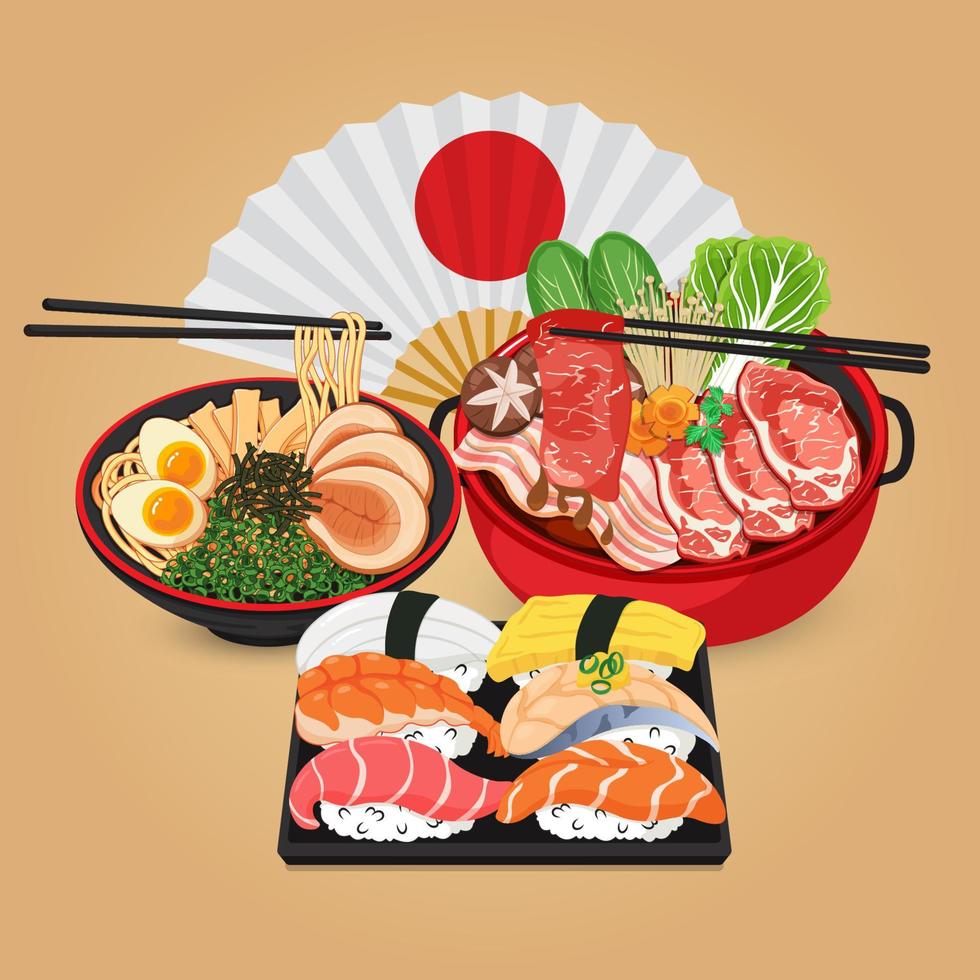 comida japonesa menu ramen macarrão, shabu shabu e sushi vetor