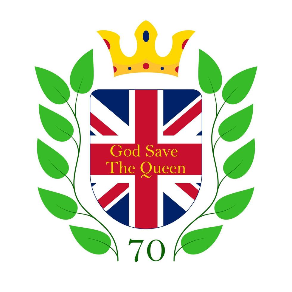 modelo de logotipo real. a inscrição deus salve a rainha no fundo da bandeira britânica circundada por ramos de louro e coroa. ótimo para pôster, banner, página da web, cartão, panfleto, impressão, adesivo. vetor