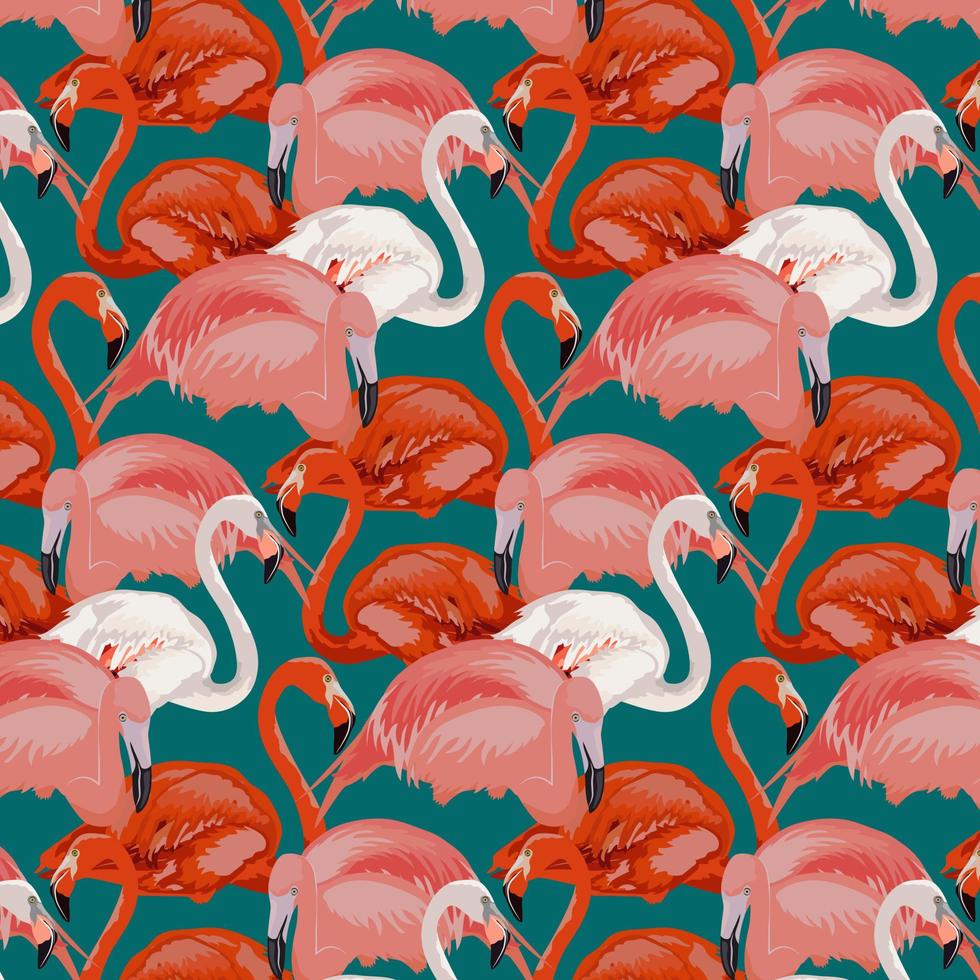 padrão brilhante com diferentes flamingos. flamingo rosa. padrão elegante com flamingos vermelhos e rosa em fundo esmeralda. ilustração vetorial vetor