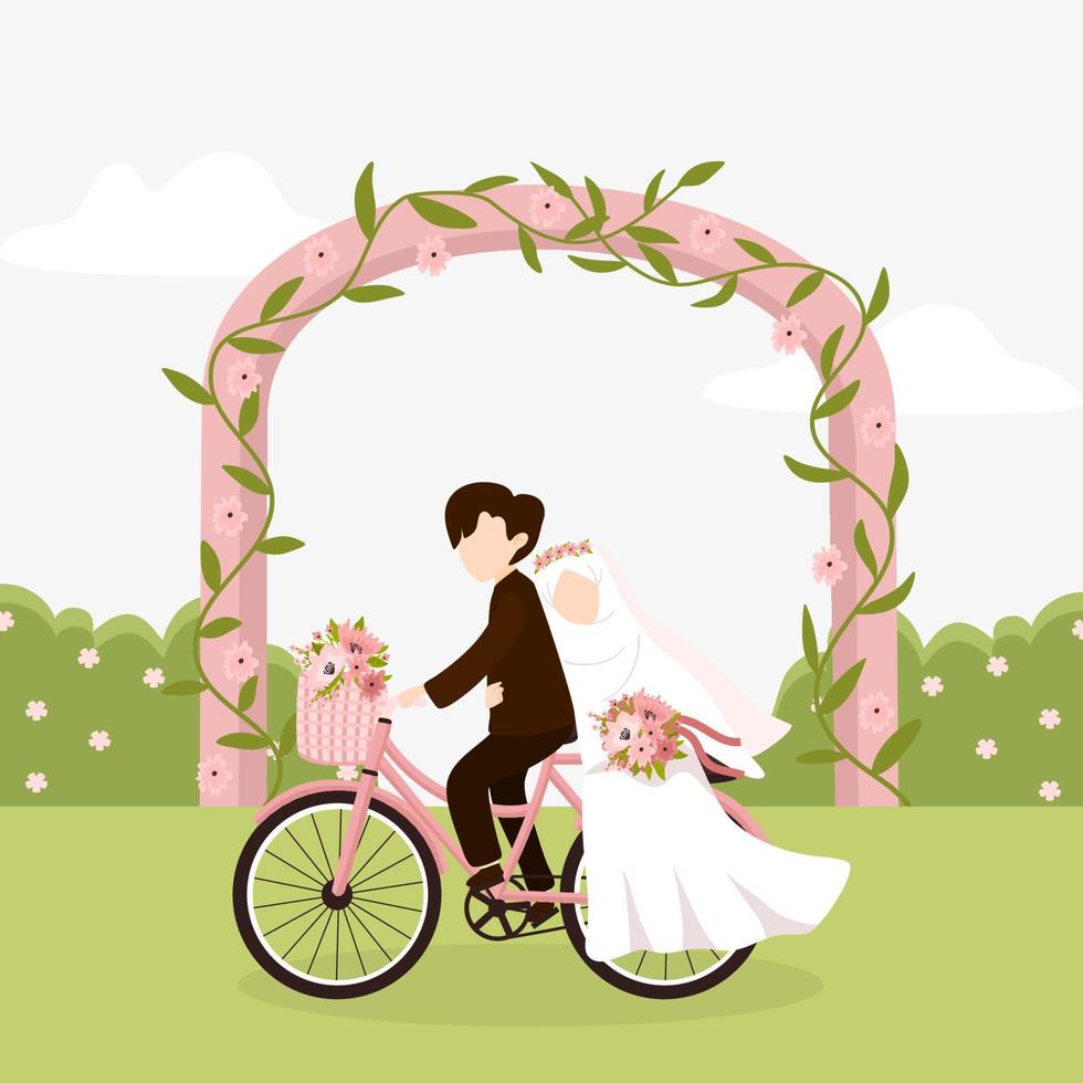 casal de noivos muçulmanos com bicicleta vetor