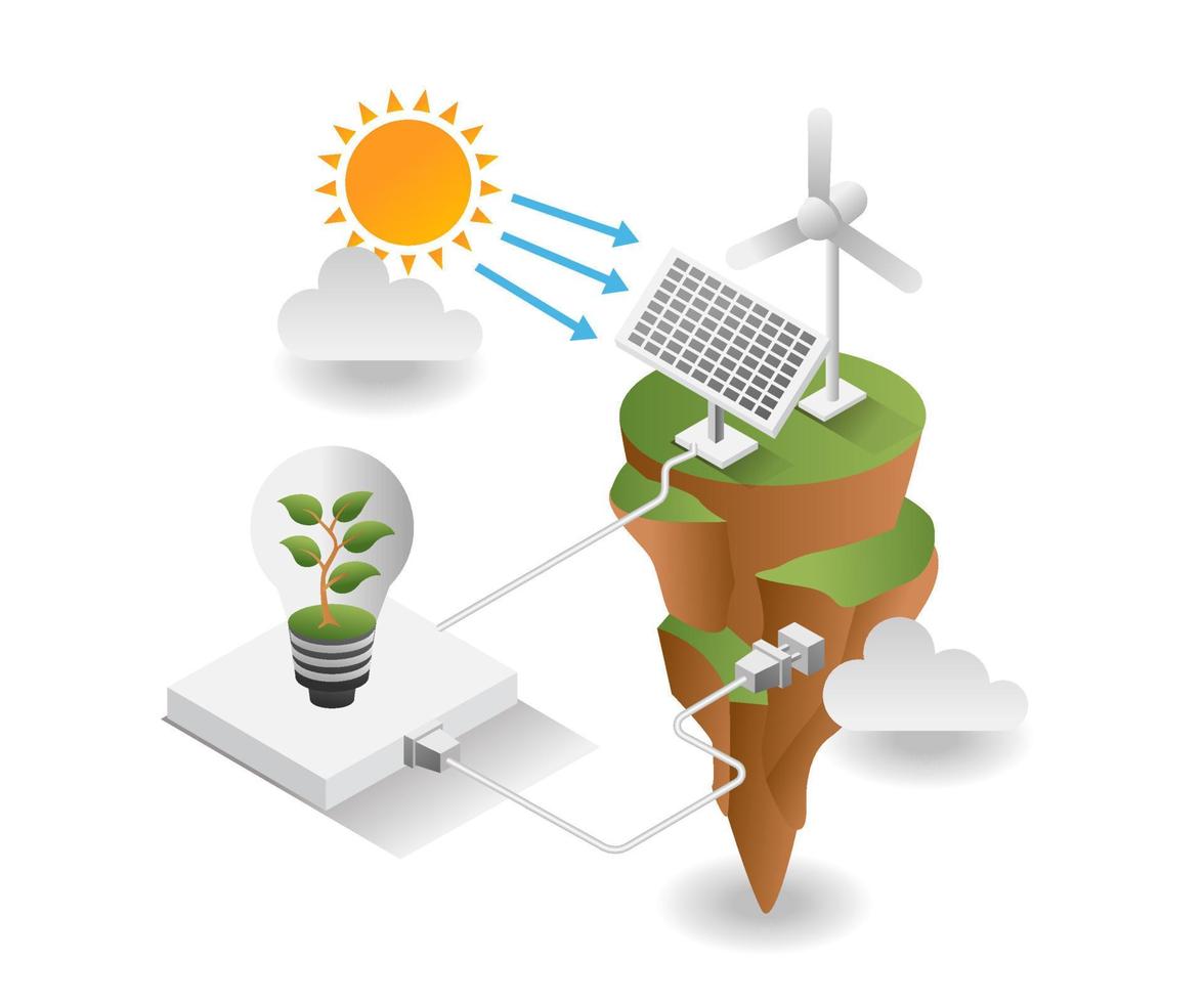 ilustração de conceito isométrico plana. painéis solares em pedaços de terra vetor