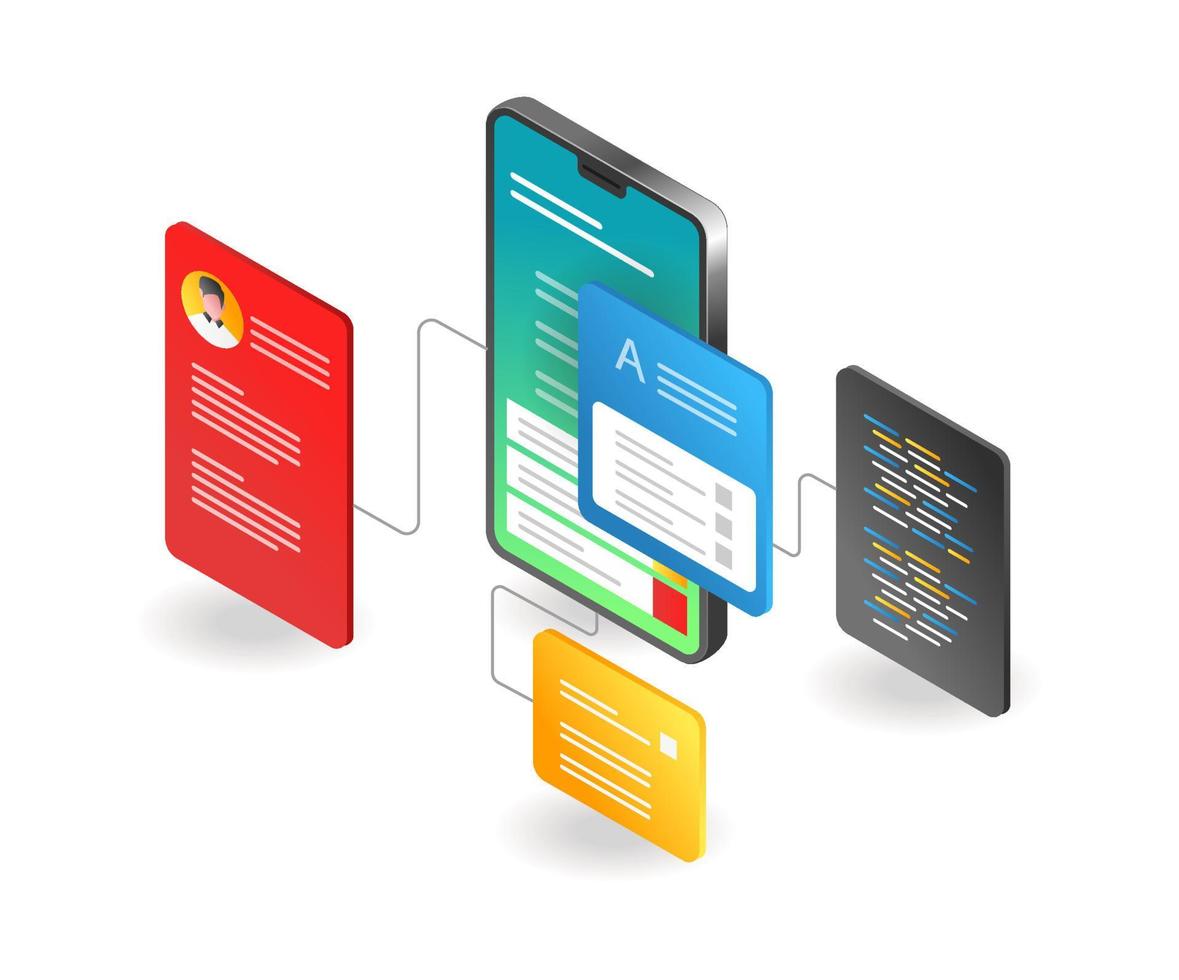 conceito de ilustração isométrica plana. aplicativo de programa de layout de smartphone vetor