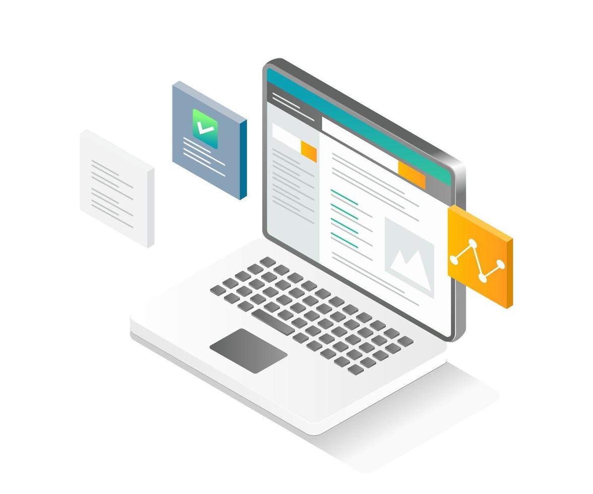 conceito de ilustração isométrica plana. interface fácil de usar no laptop vetor