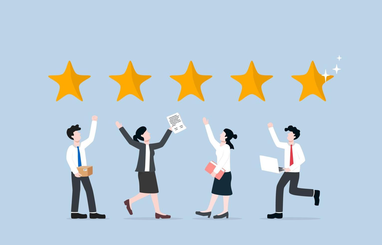 feedback do cliente com maior pontuação de satisfação devido ao recebimento de produtos de alta qualidade ou melhor serviço, conceito de equipe de marketing bem-sucedida. colegas comemorando com classificação de 5 estrelas. vetor